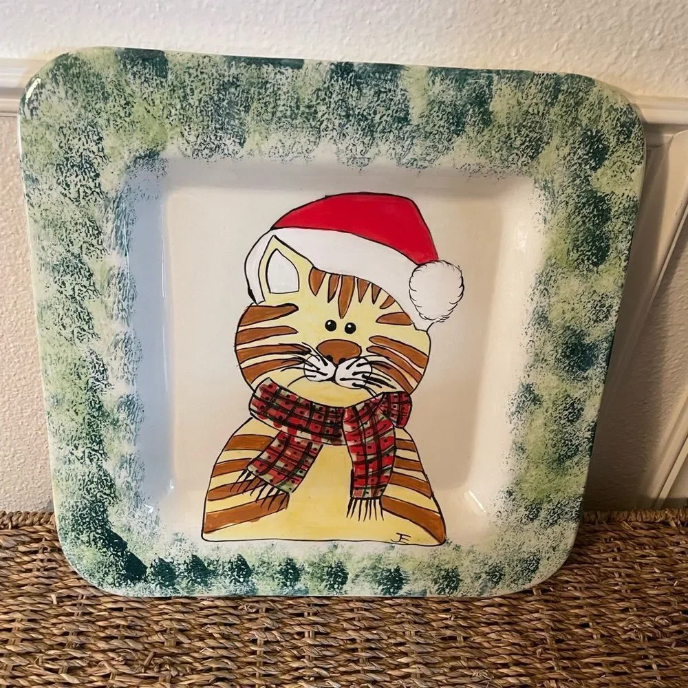 Ceramic Large Vintage Orange Cat Santa Serving Platter 13x13!